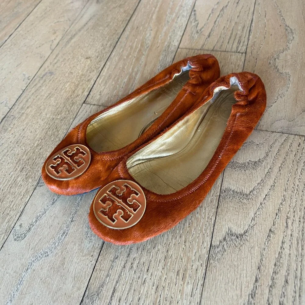 Tory Burch Reva Calf Hair Orange Leather Ballet Flat, Size 8